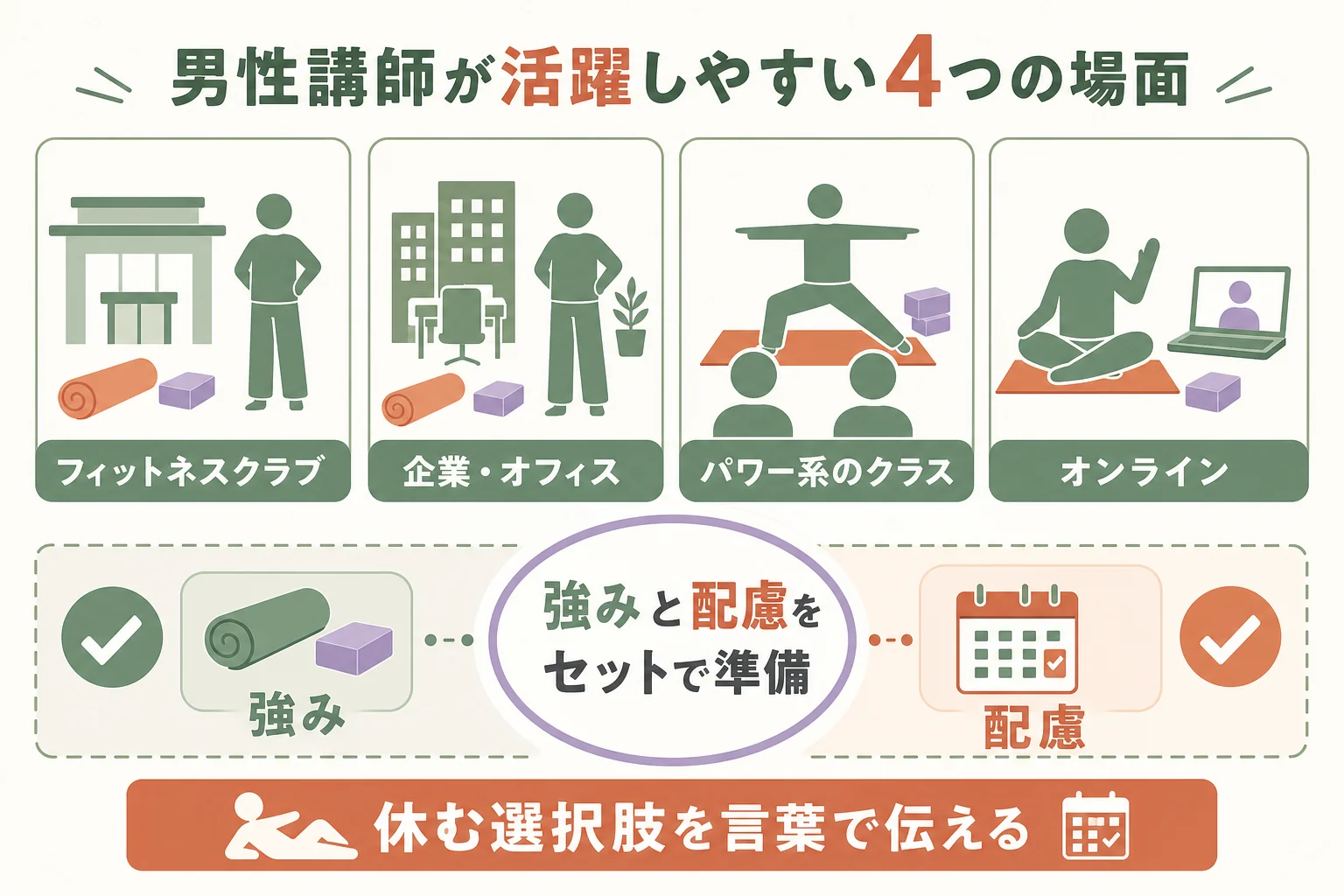 男性インストラクターが活躍しやすい4つの場面と、強みと配慮を並べた図解