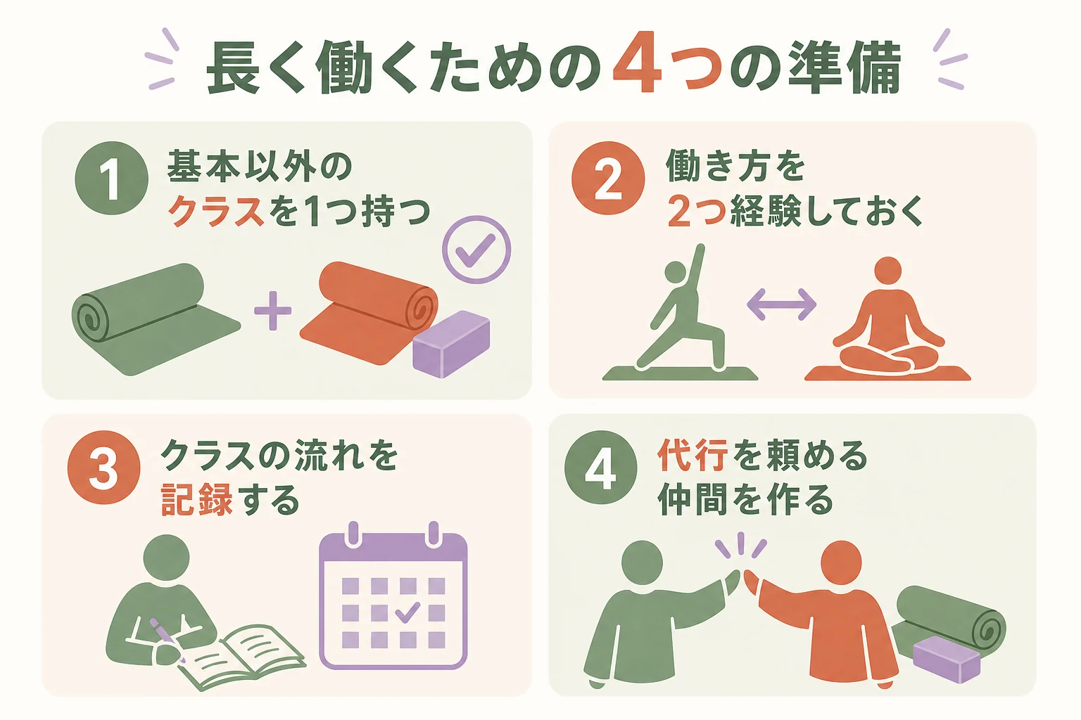 女性インストラクターが長く働くための準備を4つにまとめた図解