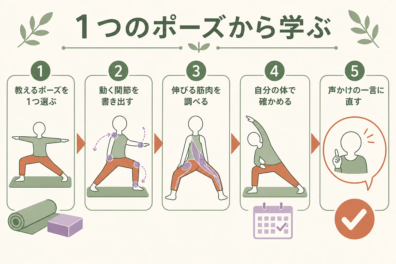 ヨガの解剖学を1つのポーズから学ぶ勉強の手順を5段階で示した図解