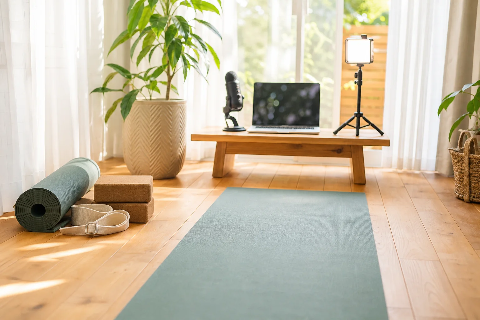 自宅の明るい部屋でマットとノートパソコンを置き、配信レッスンの準備をしている様子