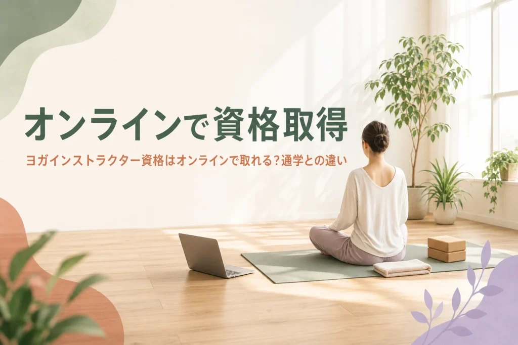 ヨガインストラクター資格をオンラインで取る方法と通学との違いを解説する記事のアイキャッチ