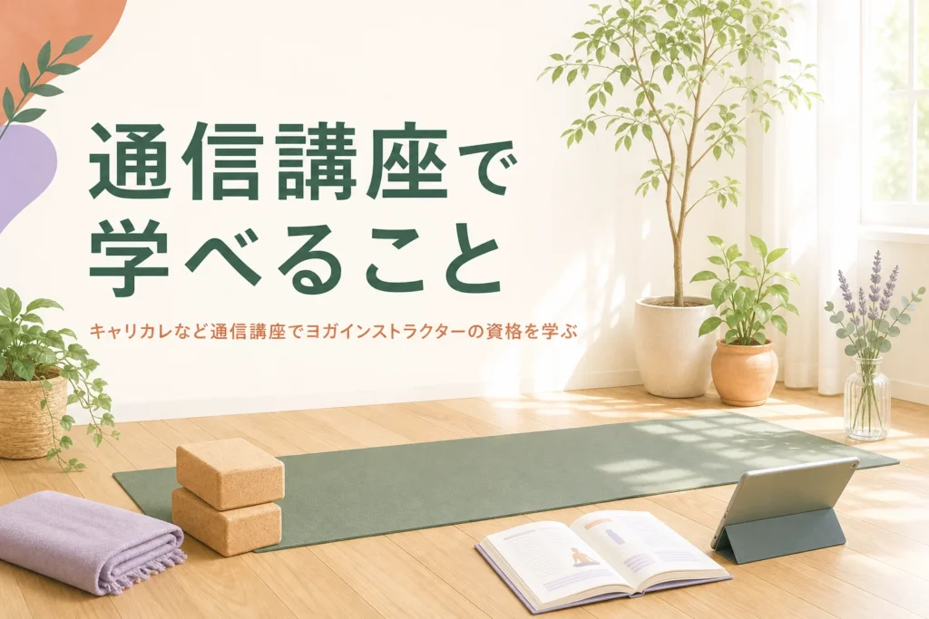 キャリカレなどの通信講座でヨガインストラクターの資格を学ぶことを紹介する記事のアイキャッチ