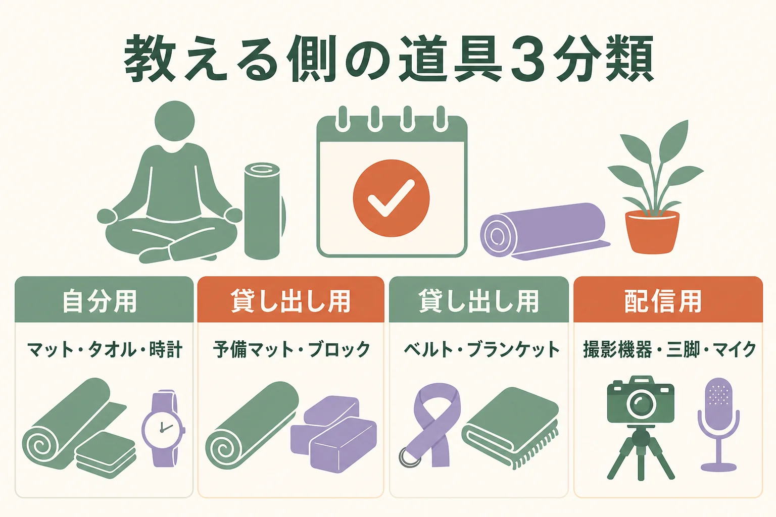 ヨガインストラクターが用意する道具を自分用・参加者の貸し出し用・オンライン配信用の3つに分けた準備リストの図解